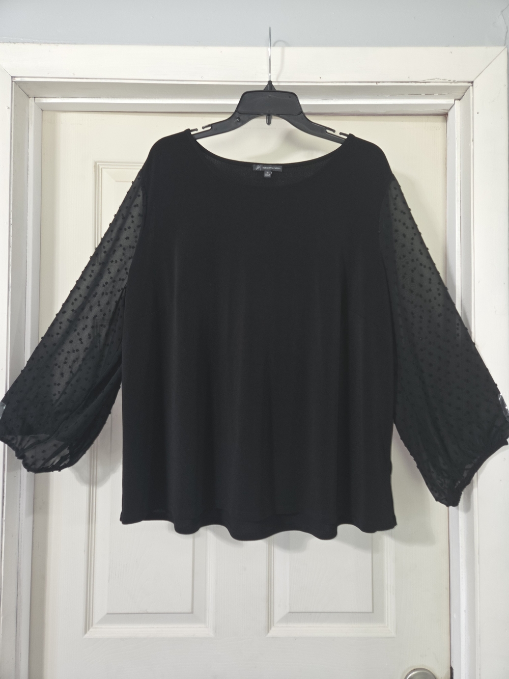 Adrianna Papell Black Swiss Dot Blouse - Women's 3X - Sheer Balloon Sleeves